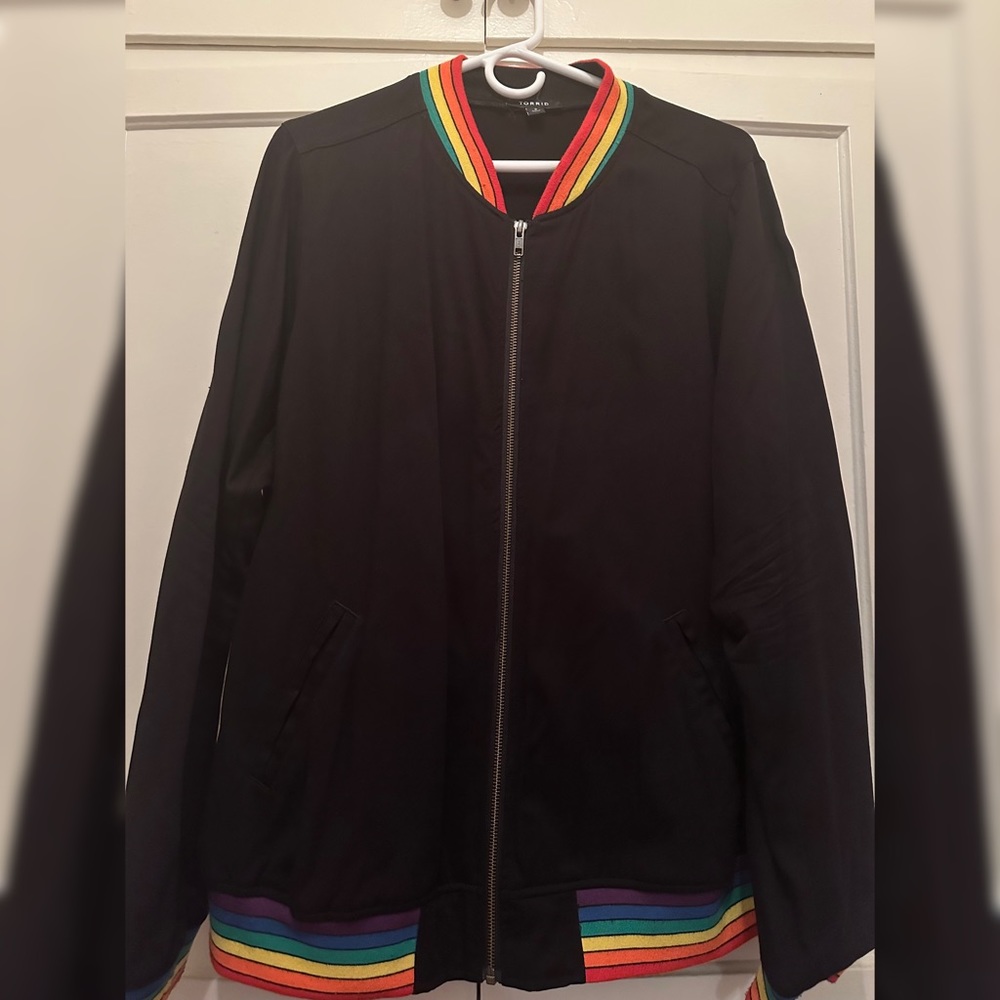 Light weight bomber jacket with rainbow trim
